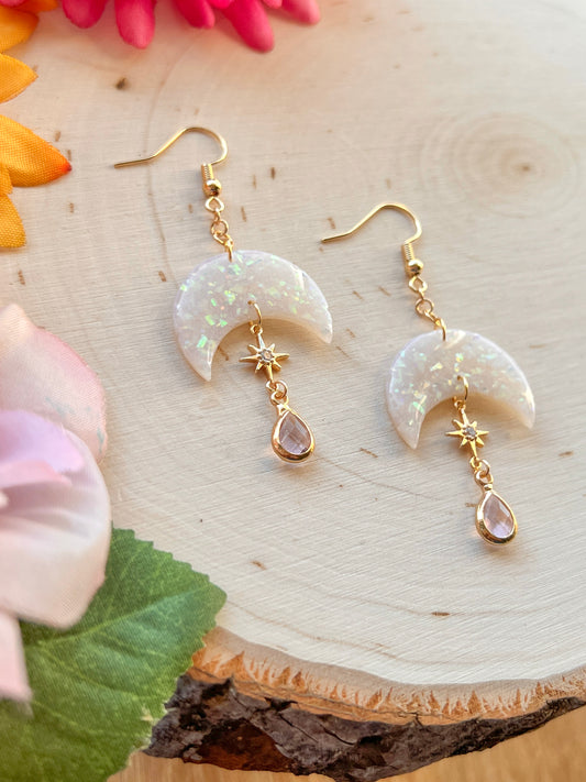 Opal Moon & Star Dangly Earrings