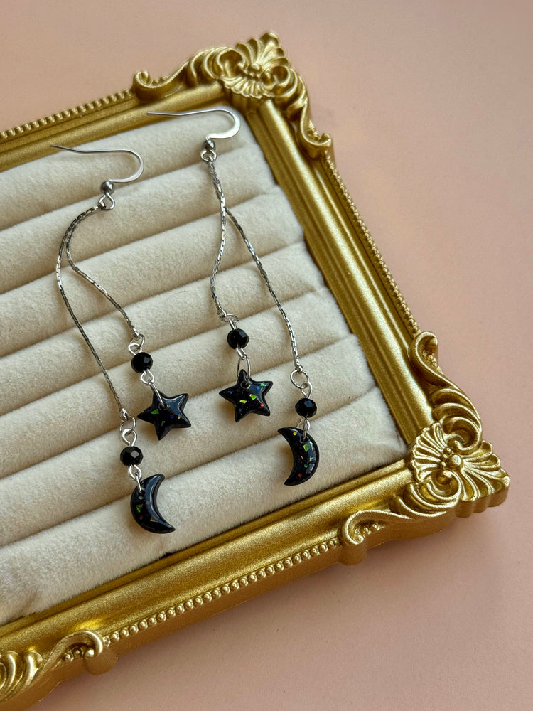 Black Opal Moon & Star Threader Earrings