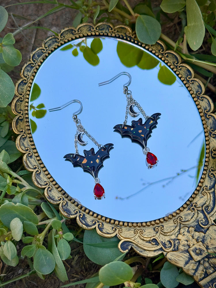 Silver Black Opal Mystifying Bat Earrings