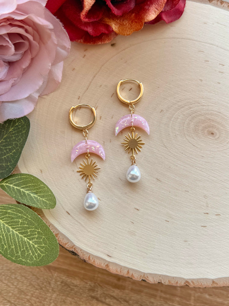 Pink Moon Sun Pearl Earrings