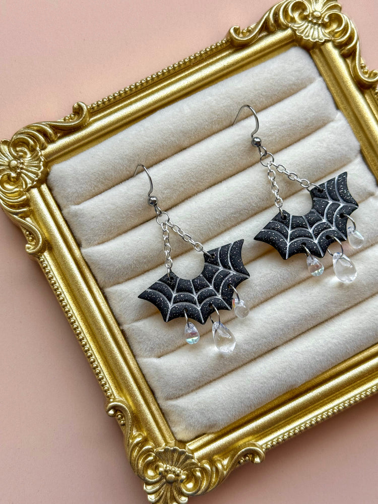Black Spiderweb Bat Earrings