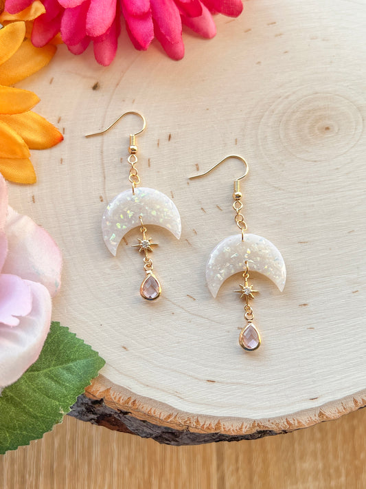 Opal Moon & Star Dangly Earrings
