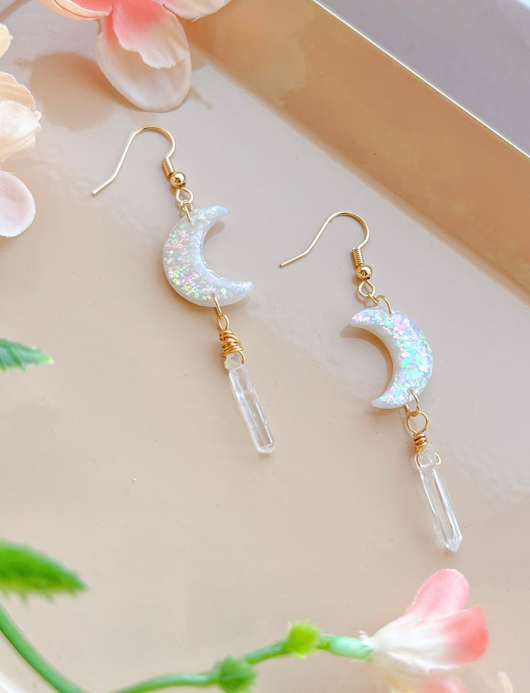 Opal Moon & Crystal Drop Earrings