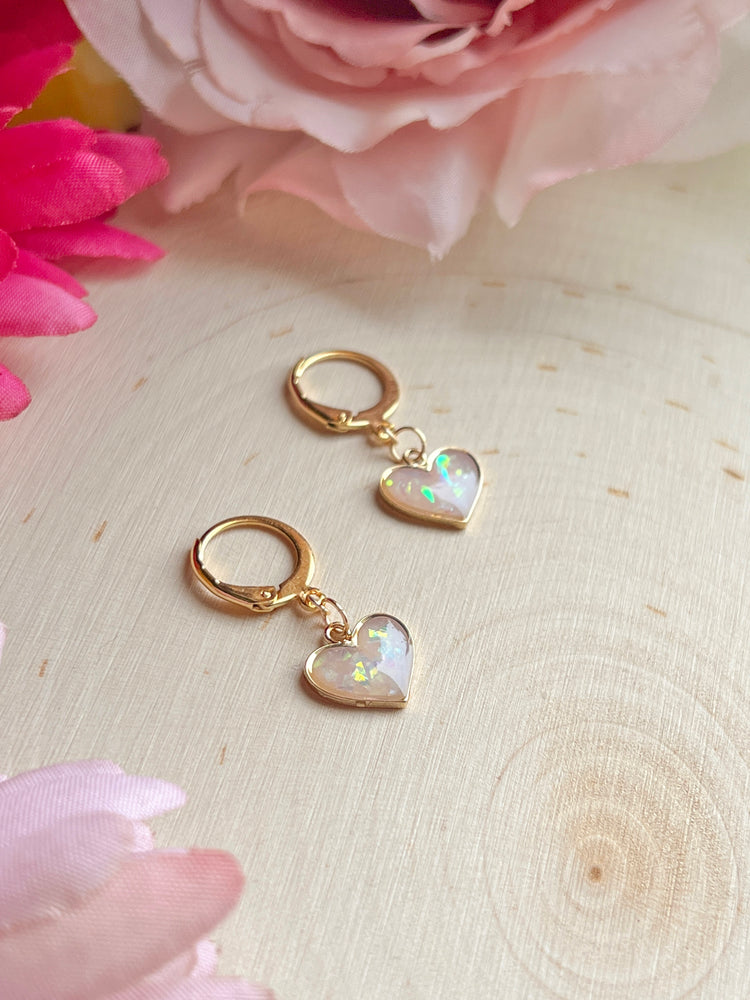 Small Gold Heart Opal Huggies