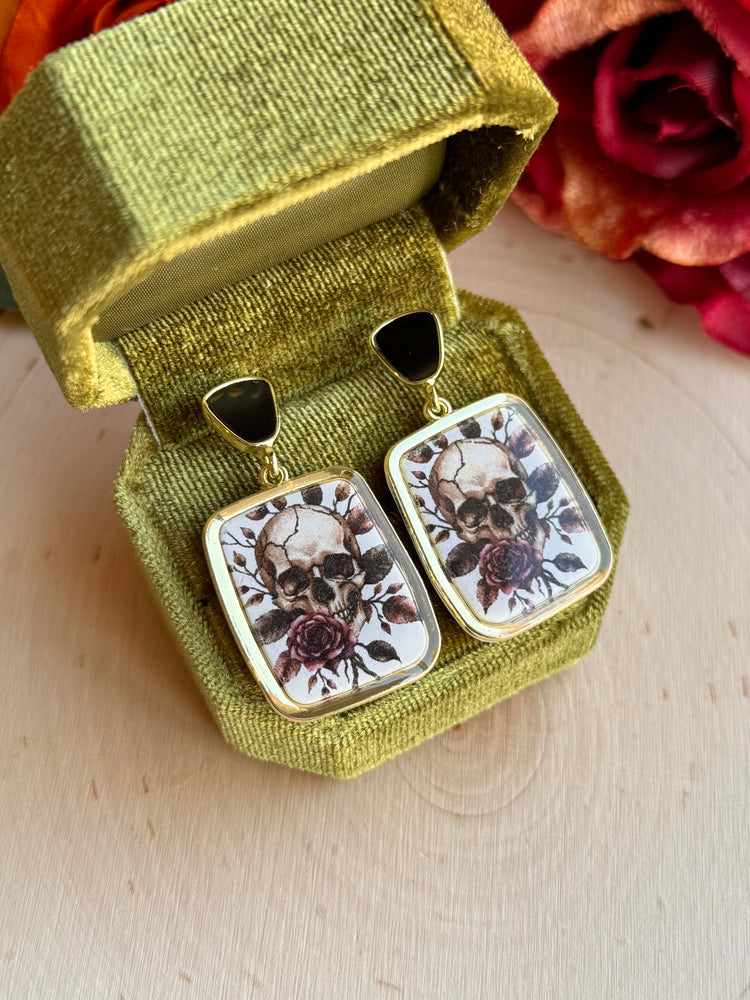 Rose Skull Gold Frame Stud Earrings