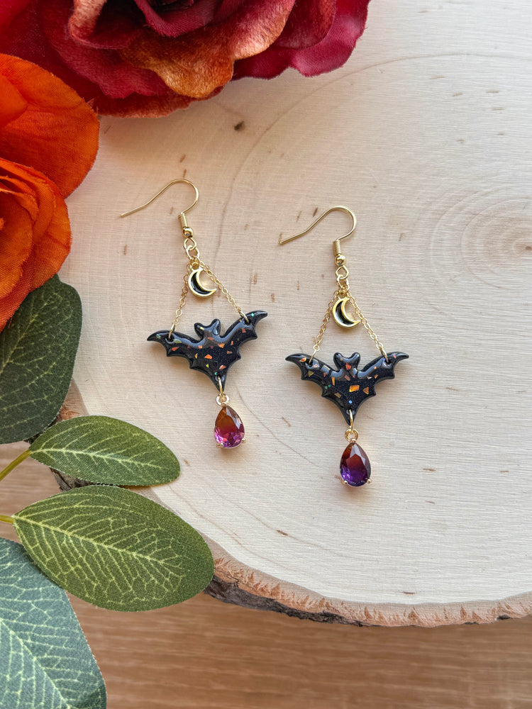 Black Opal Mystifying Bat Earrings