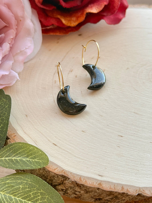 Sparkly Black Small Moon Hoops
