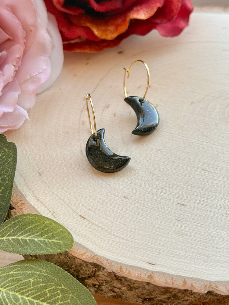 Sparkly Black Small Moon Hoops
