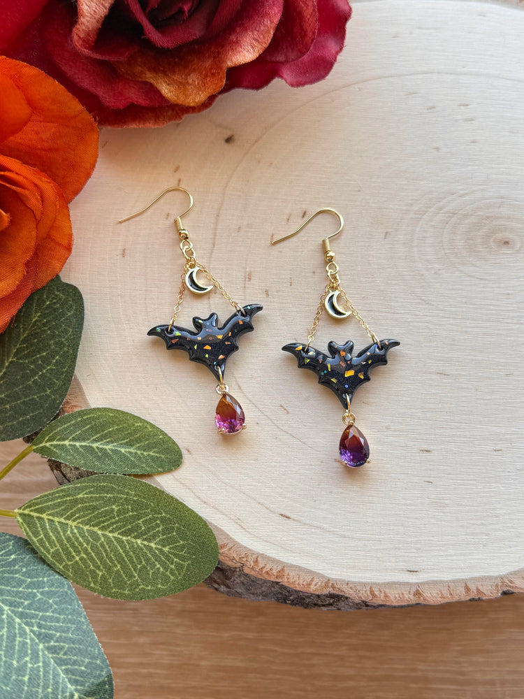 Black Opal Mystifying Bat Earrings