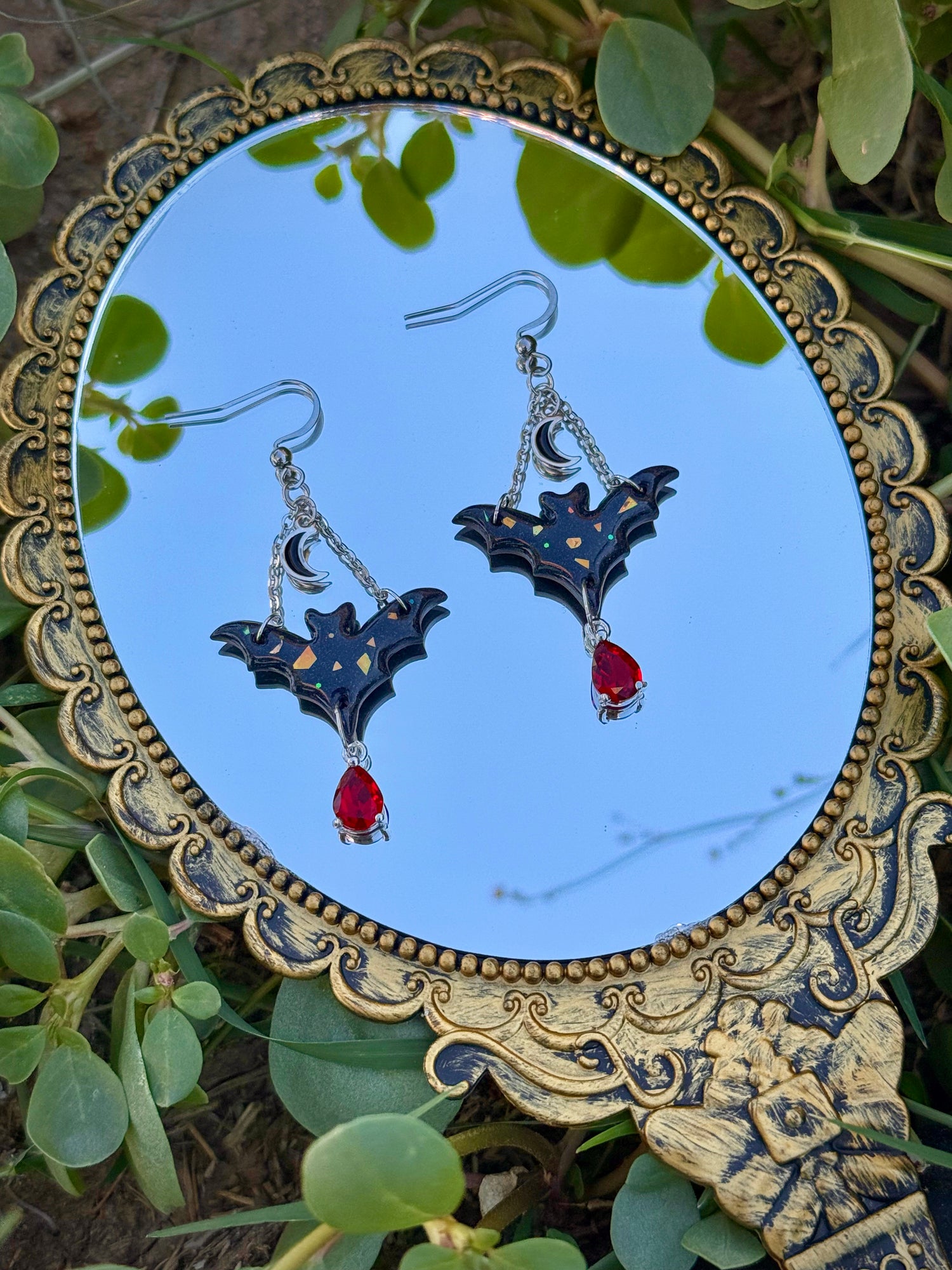 Silver Black Opal Mystifying Bat Earrings