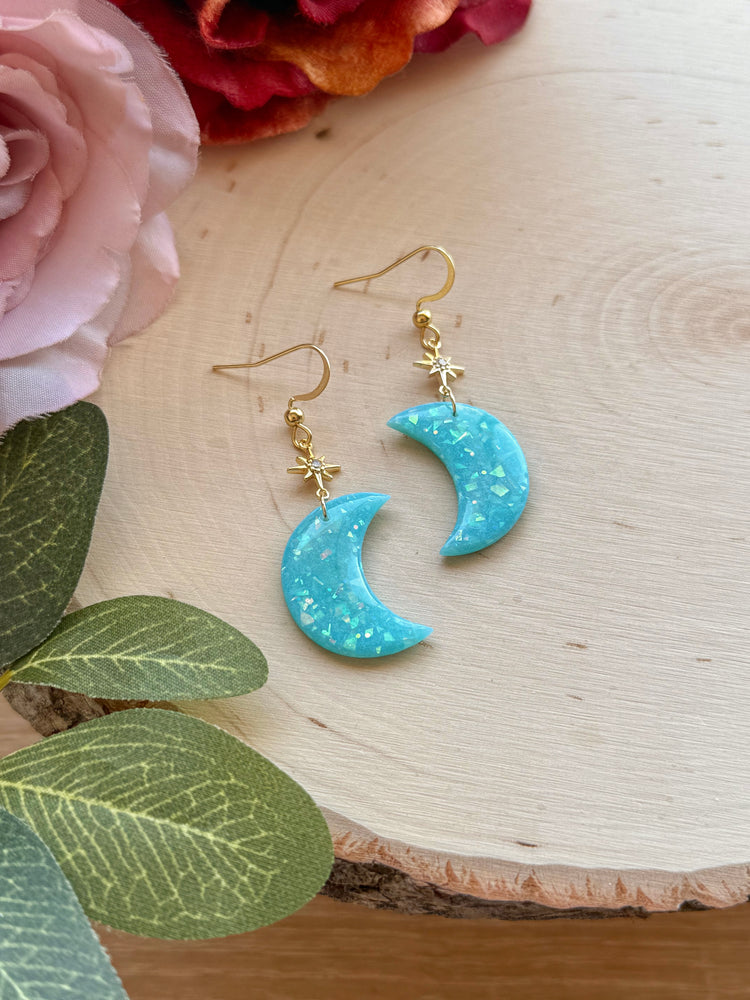 Aqua Opal Moon Star Earrings