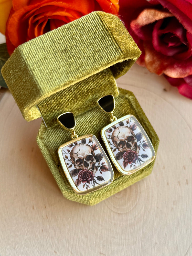 Rose Skull Gold Frame Stud Earrings