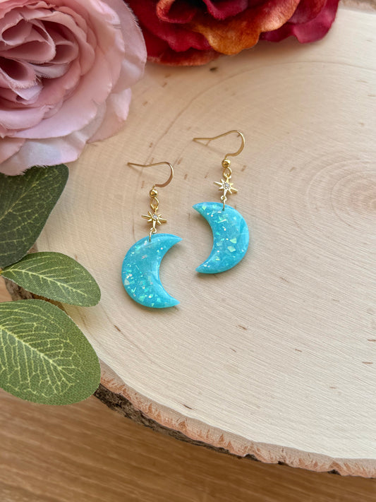 Aqua Opal Moon Star Earrings