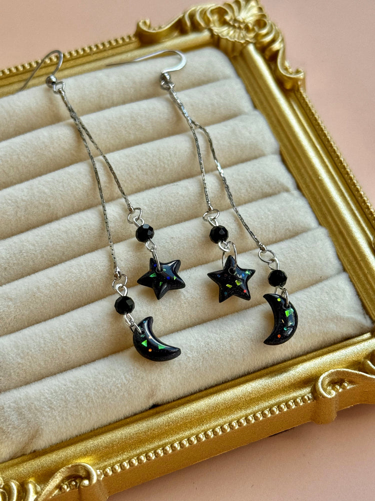 Black Opal Moon & Star Threader Earrings