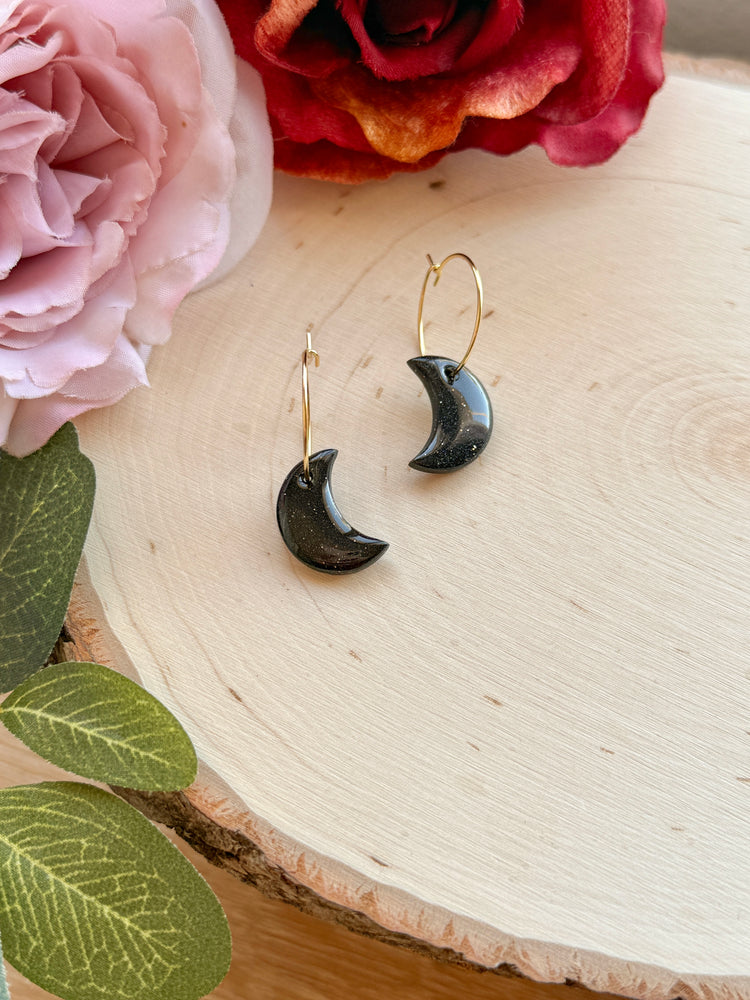 Sparkly Black Small Moon Hoops