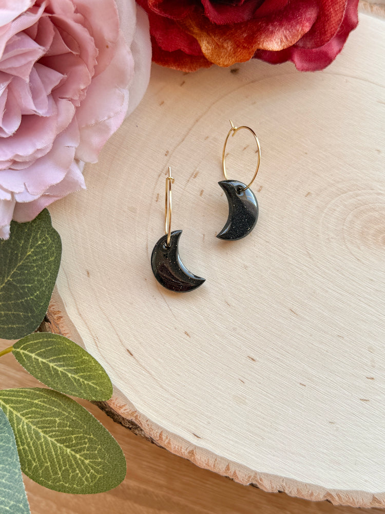 Sparkly Black Small Moon Hoops