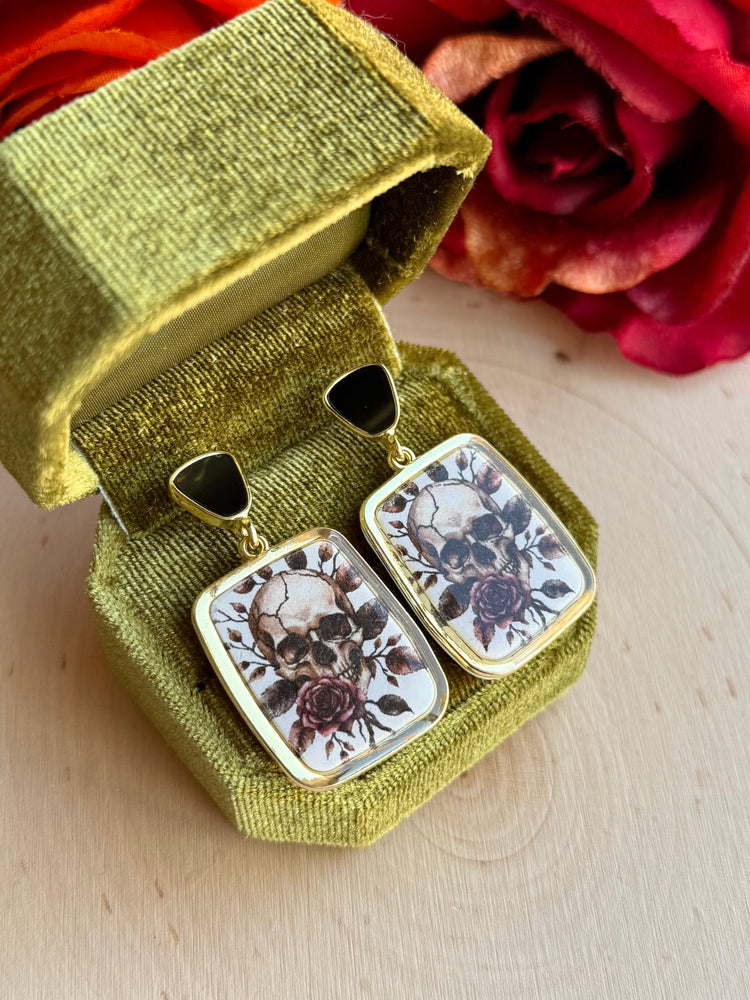 Rose Skull Gold Frame Stud Earrings