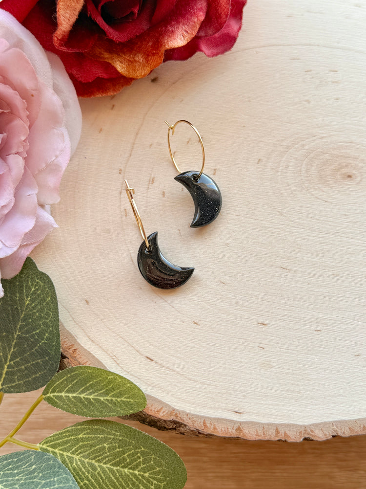 Sparkly Black Small Moon Hoops
