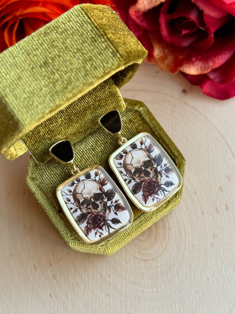 Rose Skull Gold Frame Stud Earrings