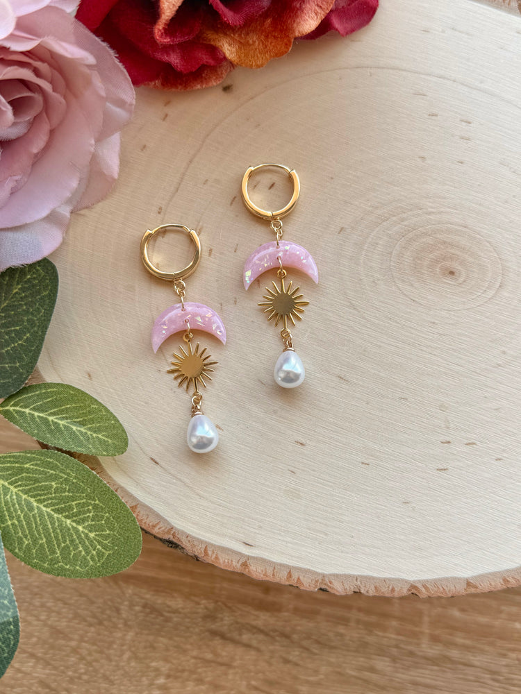 Pink Moon Sun Pearl Earrings
