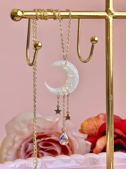 Large Opal Moon with Stars Necklace