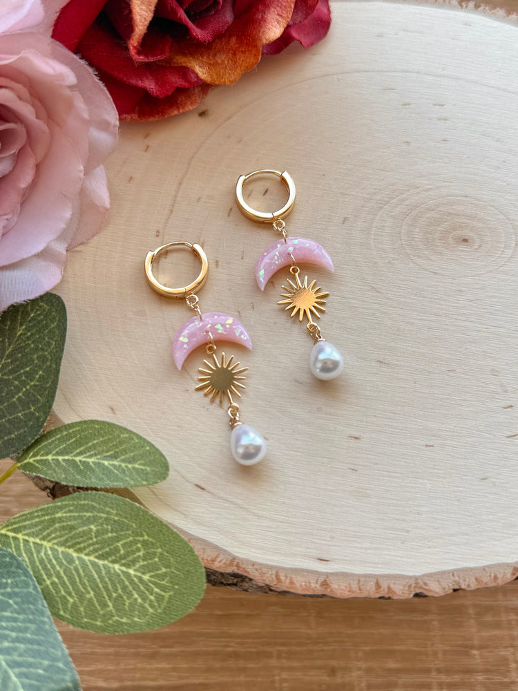 Pink Moon Sun Pearl Earrings