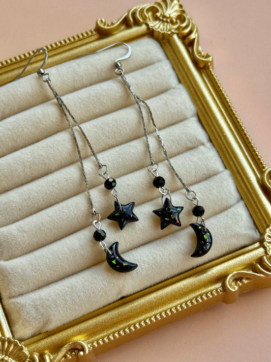 Black Opal Moon & Star Threader Earrings