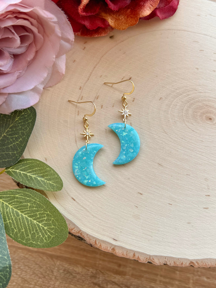 Aqua Opal Moon Star Earrings