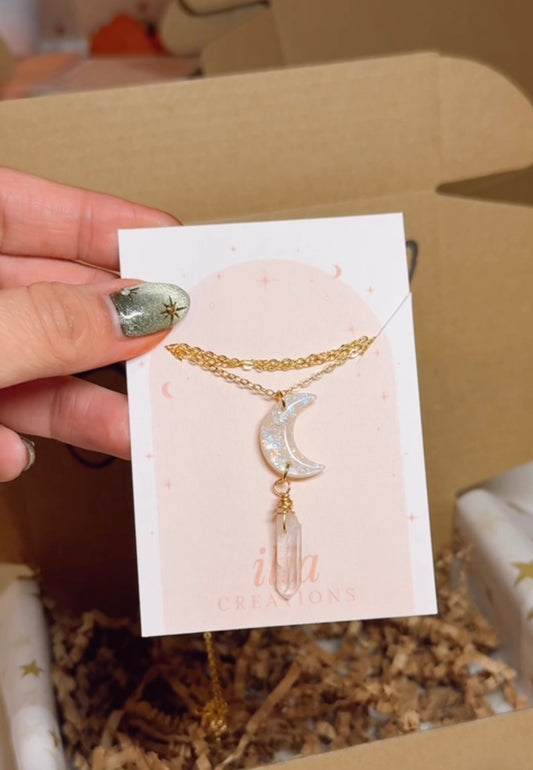 Opal Moon & Crystal Drop Necklace