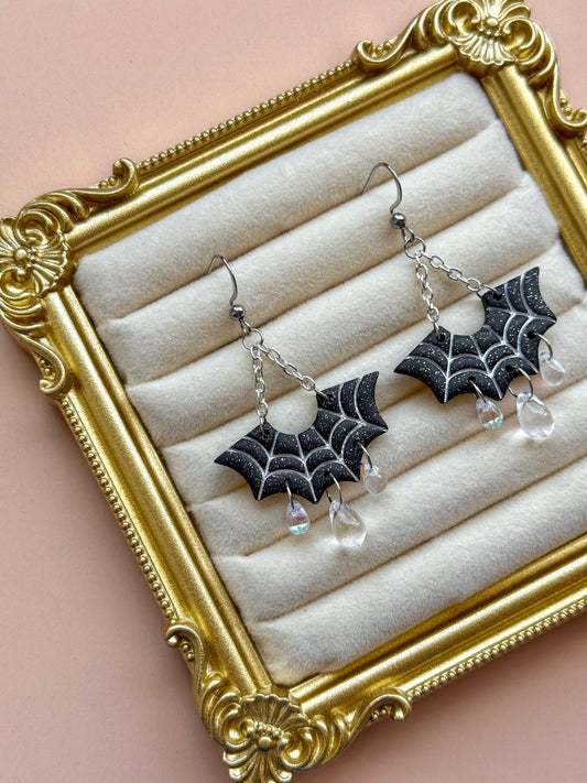 Black Spiderweb Bat Earrings