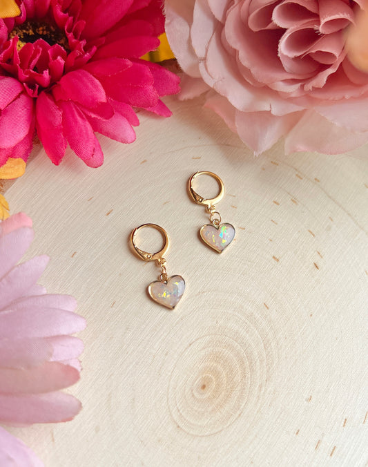 Small Gold Heart Opal Huggies