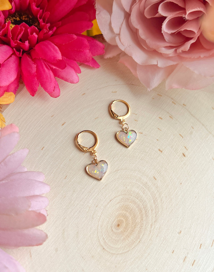 Small Gold Heart Opal Huggies