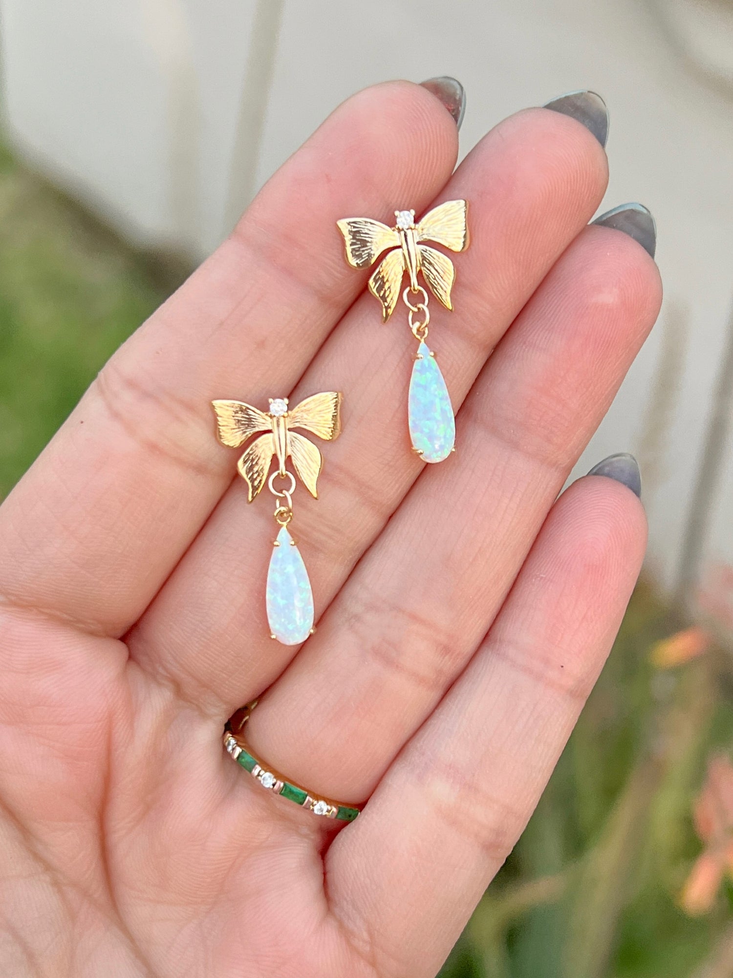 Gold Butterfly & Opal Teardrop Studs