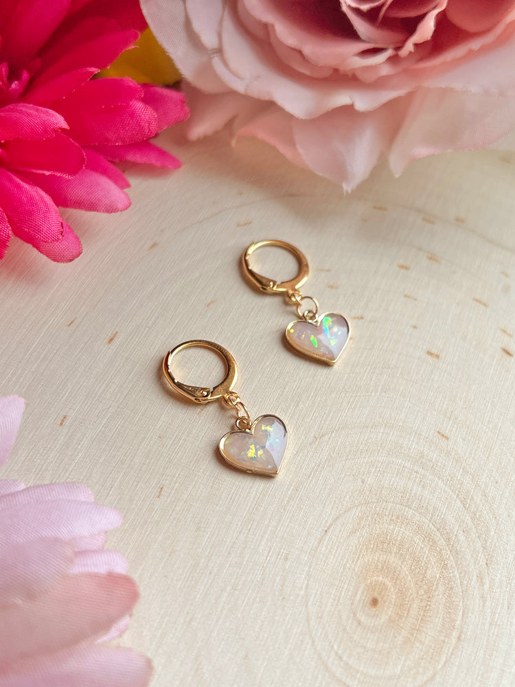 Small Gold Heart Opal Huggies